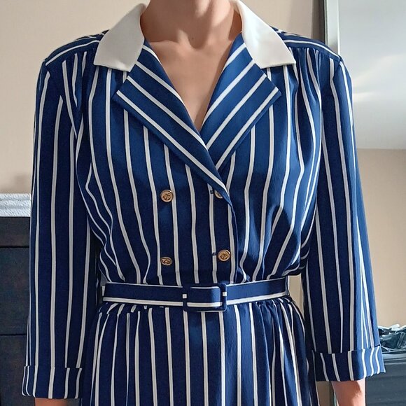 Vintage Nautical Stripe Secretary Dress Gold Anchor Buttons Belted 1970s - Picture 1 of 9